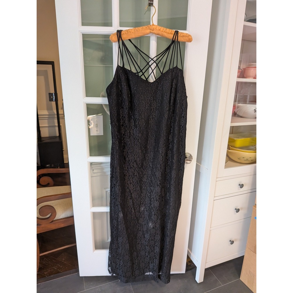 Vintage Onyx Nite Black Lace Maxi Dress Cage Neck Strappy Size 24 Made in USA
